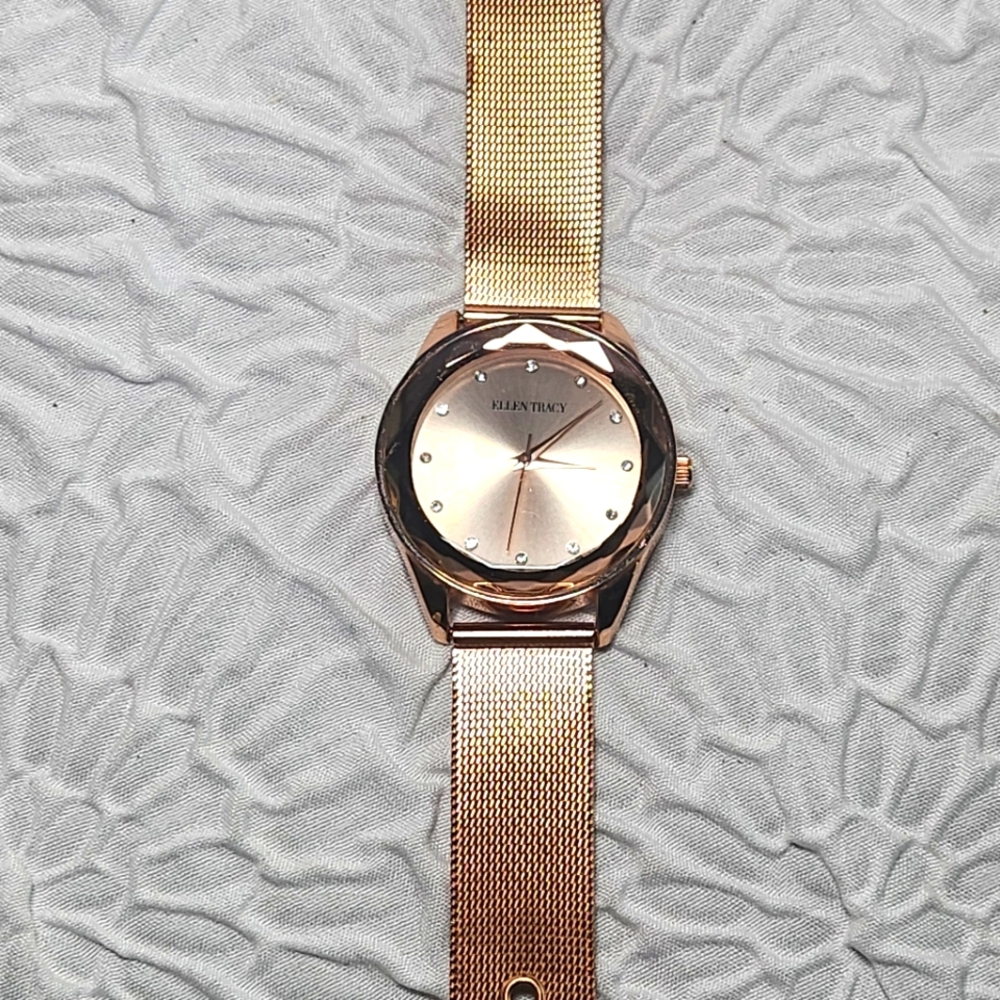 Vintage Ellen Tracy Women's Rose Gold-Tone mesh Ladies Watch ET5180 needs batt